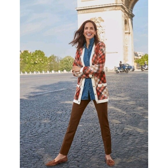 TALBOTS Ivory Brown Orange Argyle Gold Buttons Classic Soft Cardigan Plus SZ 2X - Picture 2 of 11